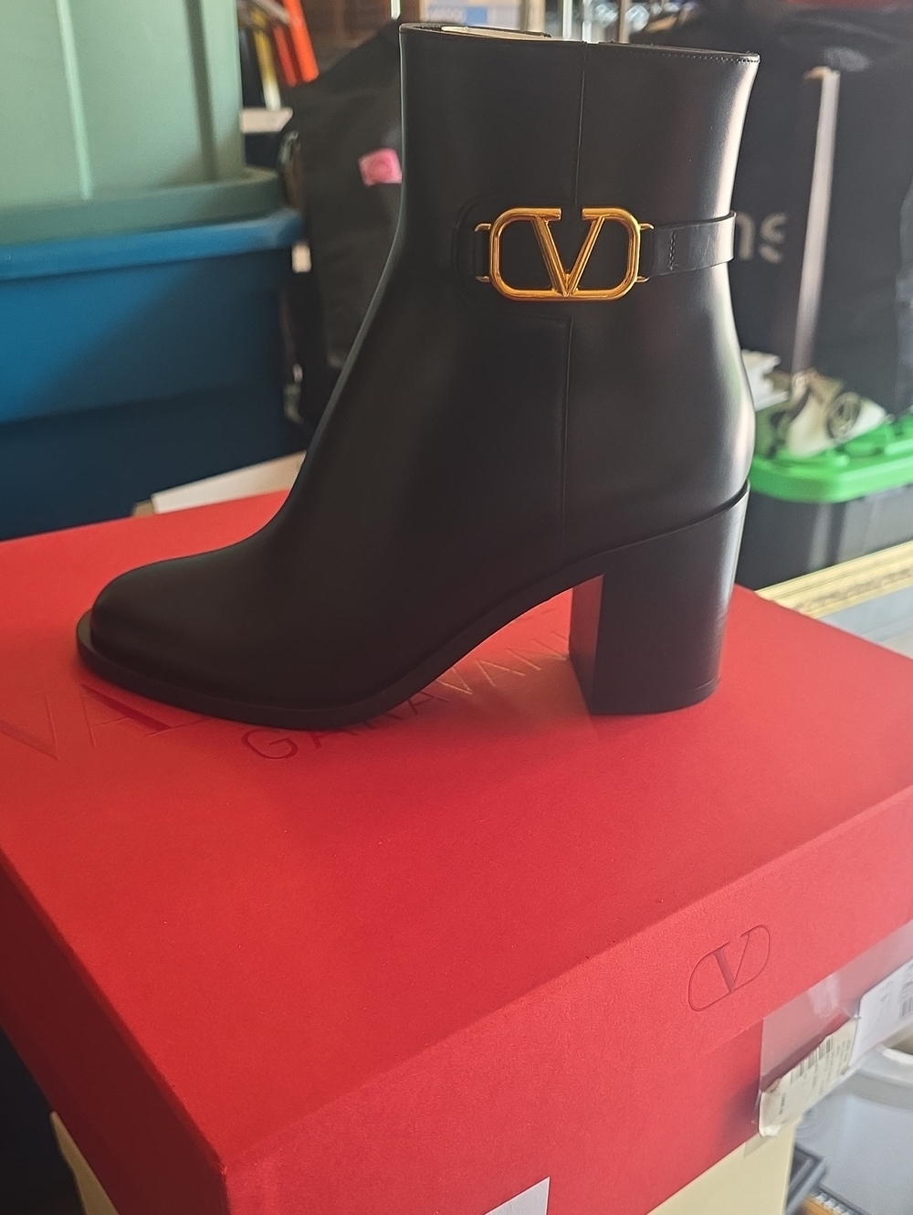 Valentino Black Leather Mid-Block Heel Ankle Boots with Gold V Logo